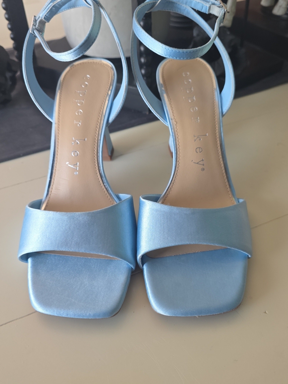 Copper Key 8.5 Light Blue Satin Square-Toe Ankle-Strap Heels